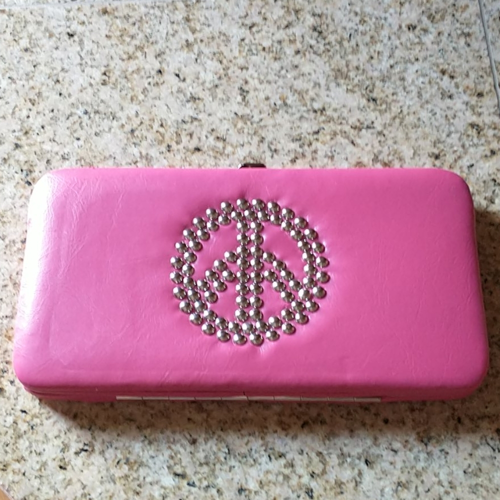 Pink Wallet/Clutch w/Silver Metal Peace Sign